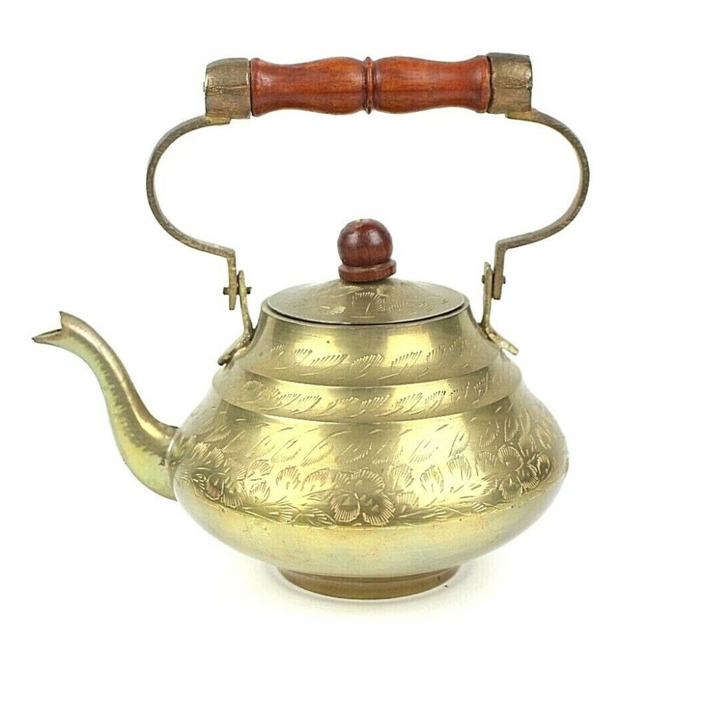 SOLD- Vintage Brass Etched Tea Kettle Tea Pot India